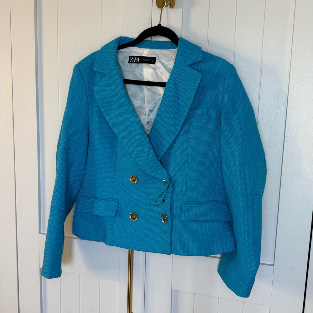 Nwot Zara Women's Vibrant tweed teal blue Blazer